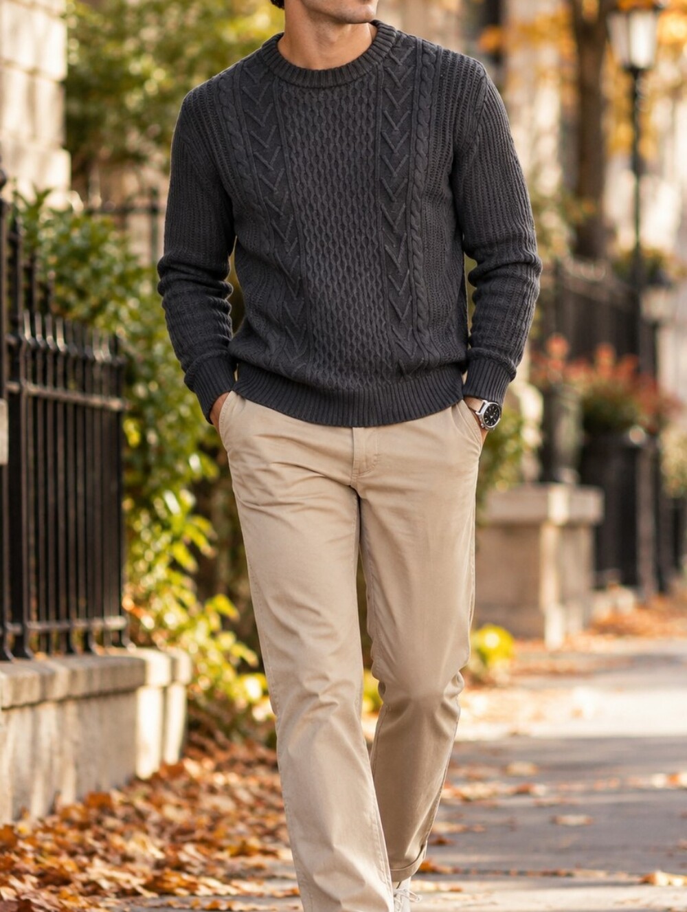 Buffalo David Bitton Men's Charcoal Gray Cable Knit Cotton Crewneck Sweater